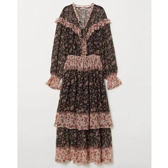 H&M Dark Floral Dress Black Red Tier Maxi Ruffle Long Sleeve Prairie - Picture 2 of 7